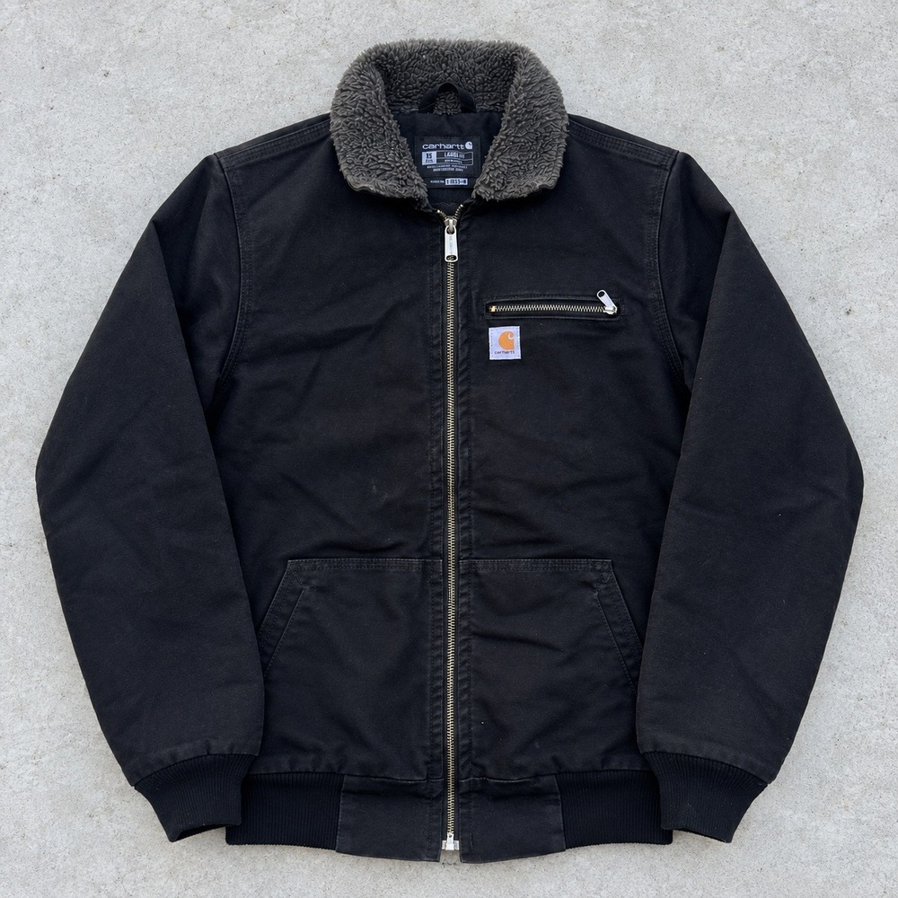 Carhartt Wildwood Loose Fit Black Sherpa Lined Canvas Bomber Jacket XS